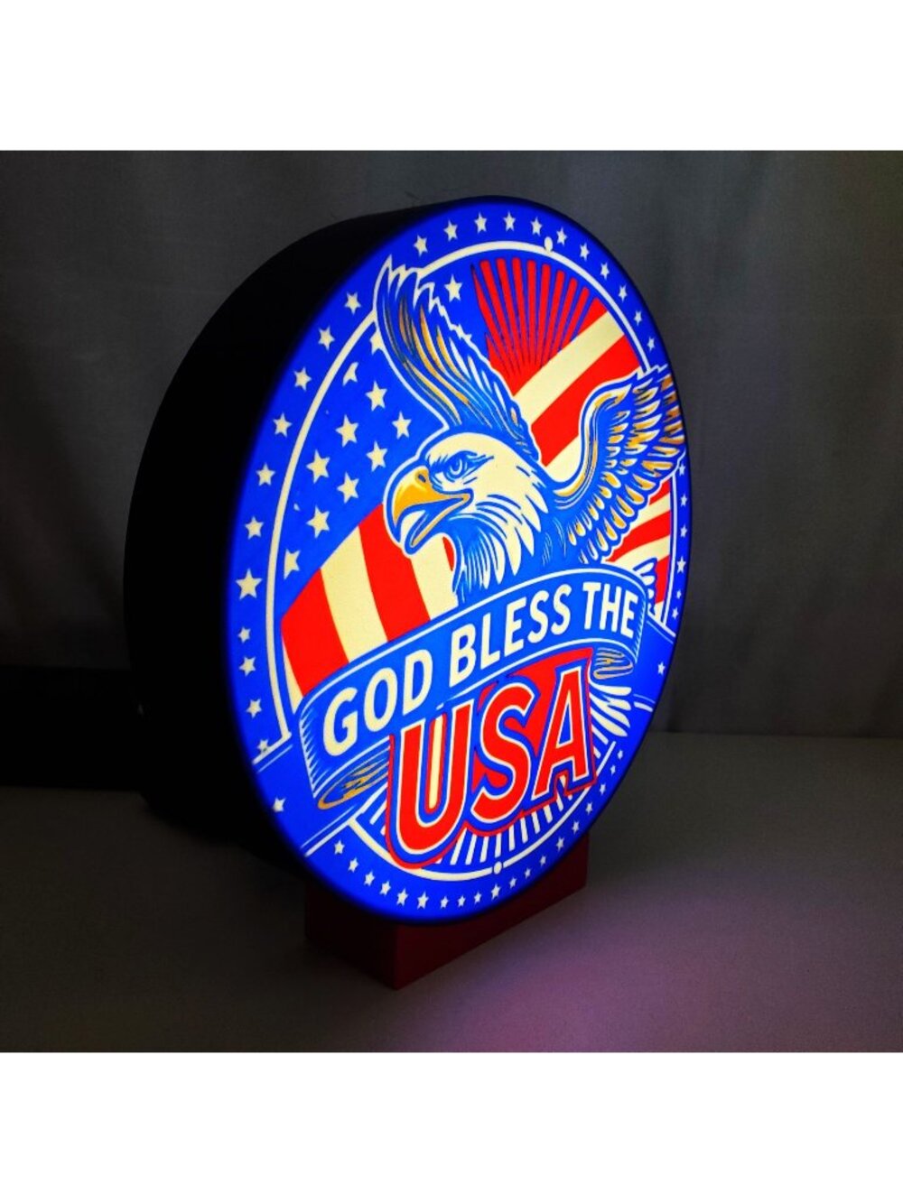 "God Bless The USA" Patriotic Lighted Sign – 9-inch Round LED Light Box – Americ